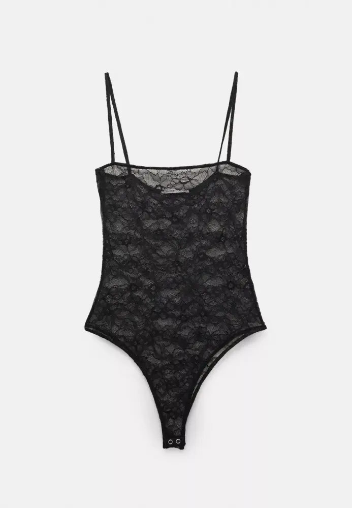 Body din Dantelă Neagră cu Bretele Subtiri, Engros